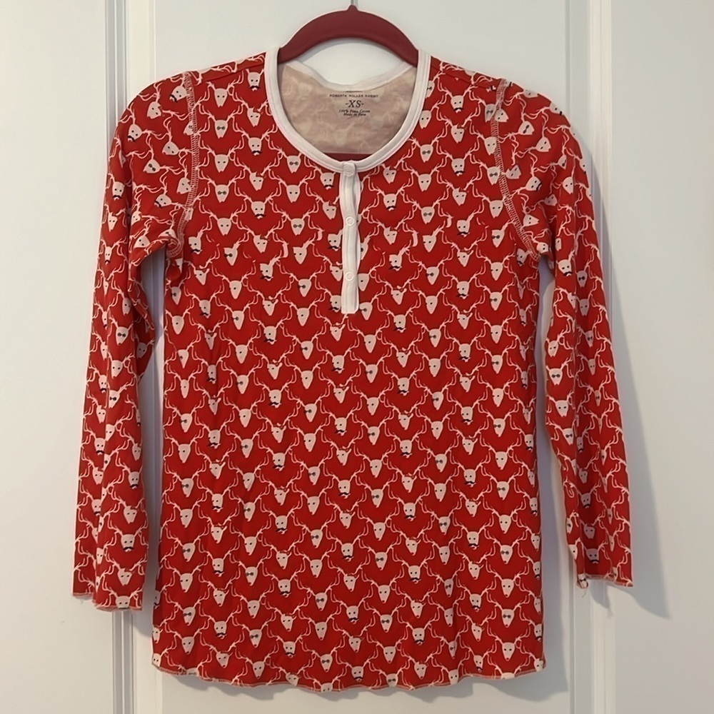 Roberta Roller Rabbit 100% Pima Cotton Red Mustache Deer Print Reindeer Top XS